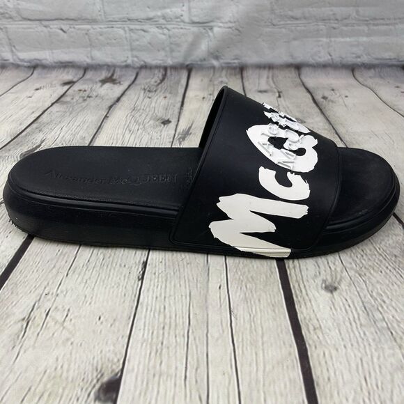 Alexander McQueen Graffiti Rubber Pool Slides Black White Sandals Size 45 / 11 main image 4